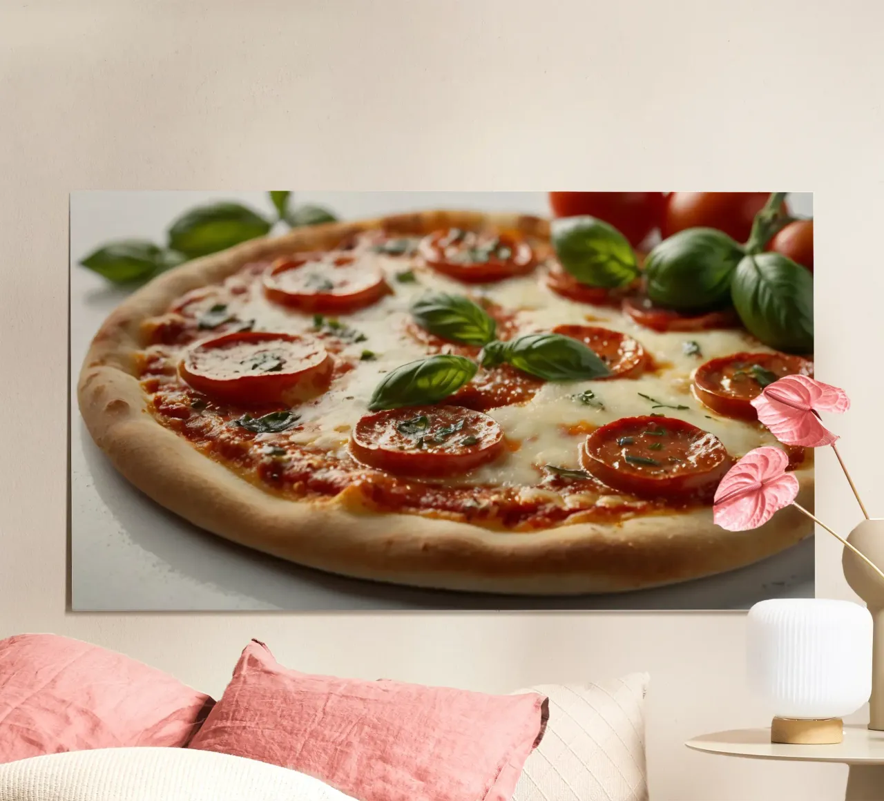 Deliziosa pizza al salame piccante guarnita con basilico fresco e tom tom. poster con telaio in alluminio da DesignDoodle