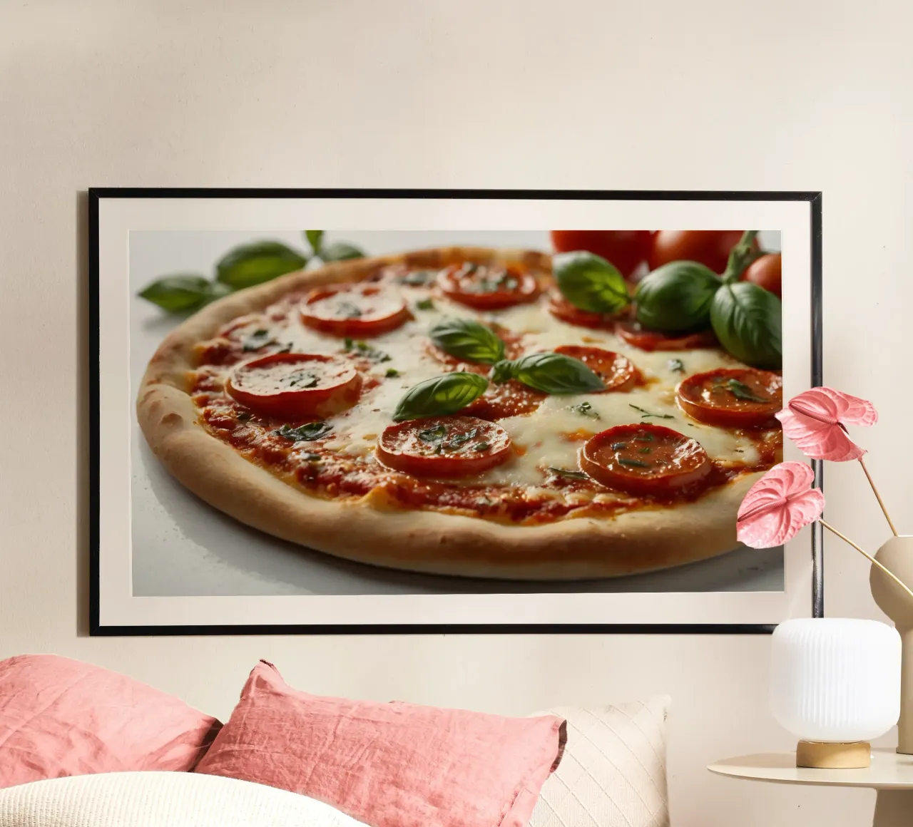 Deliziosa pizza al salame piccante guarnita con basilico fresco e tom tom. poster con telaio in alluminio da DesignDoodle
