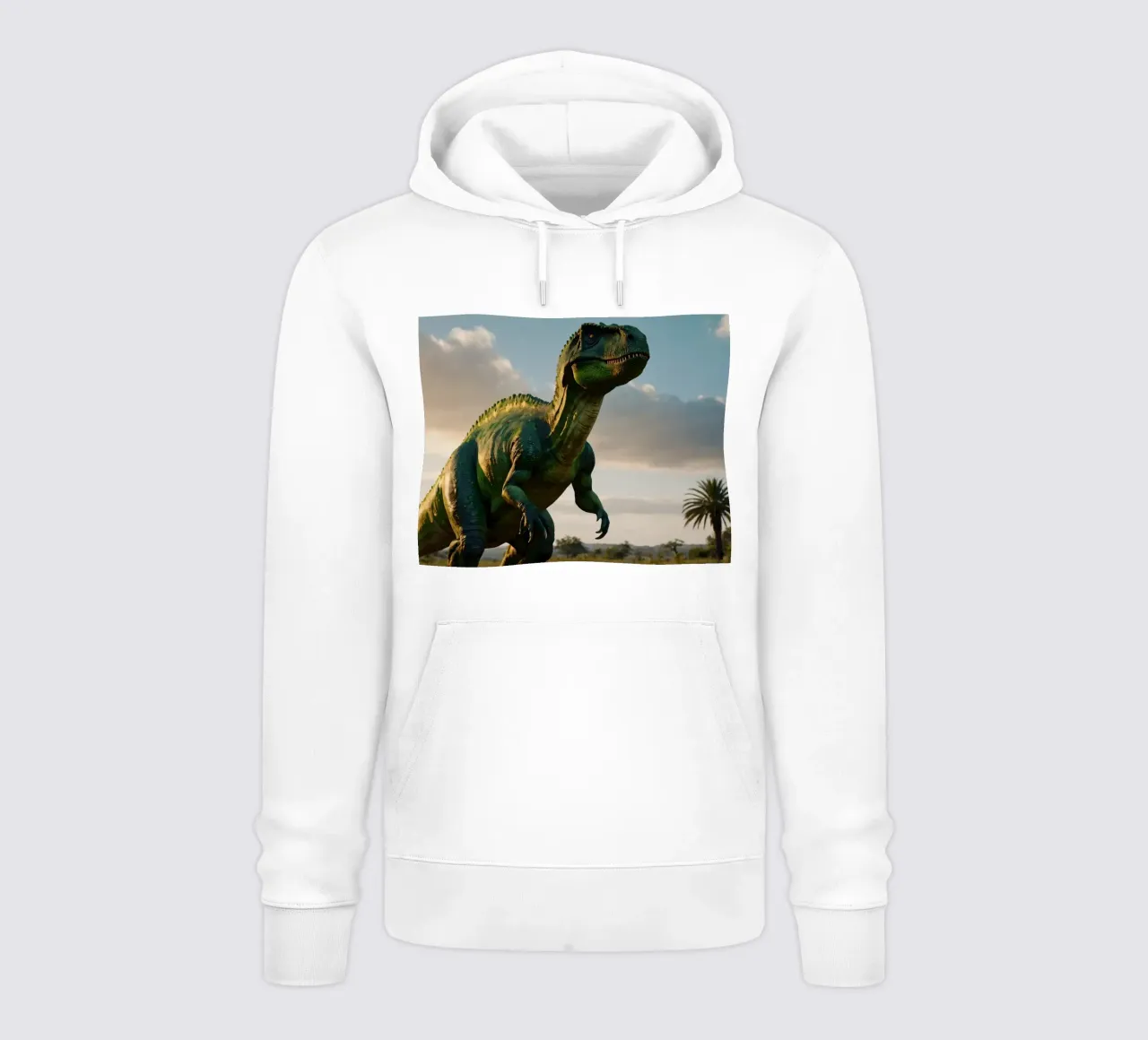 Un dinosauro realistico si erge in un paesaggio lussureggiante felpa con cappuccio da DesignDoodle