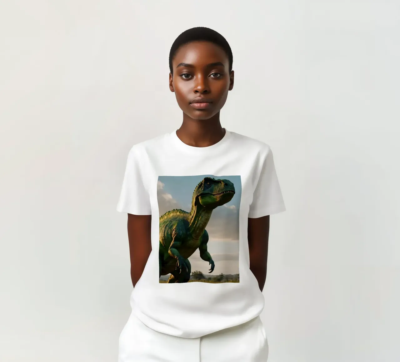 A realistic dinosaur stands in a lush landscape t-shirt by DesignDoodle