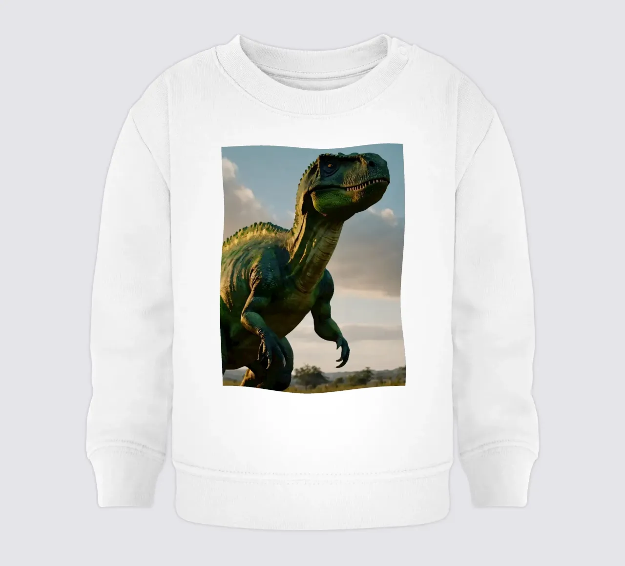 Un dinosauro realistico si erge in un paesaggio lussureggiante felpa neonato da DesignDoodle