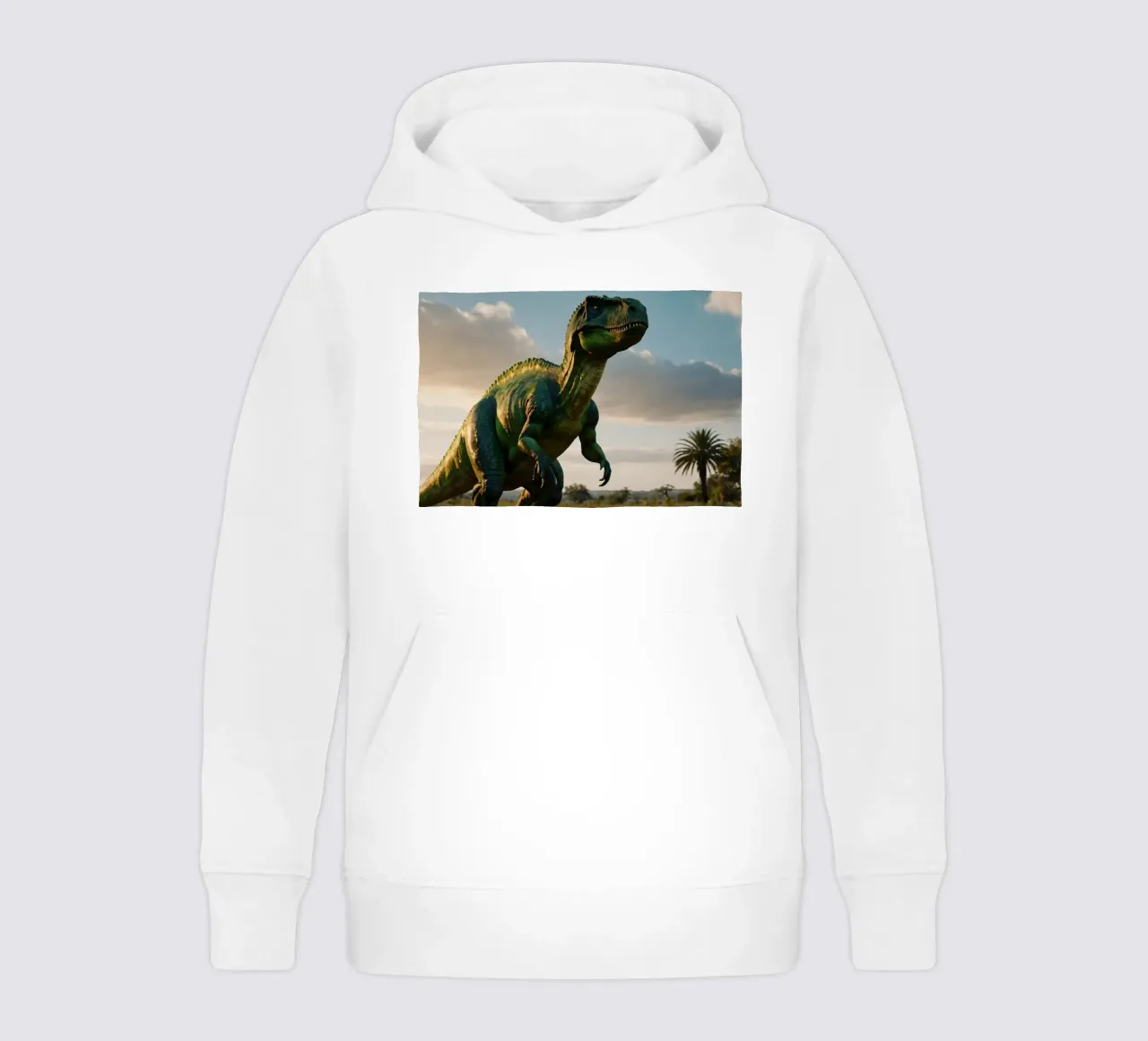 A realistic dinosaur stands in a lush landscape kids hoodie by DesignDoodle