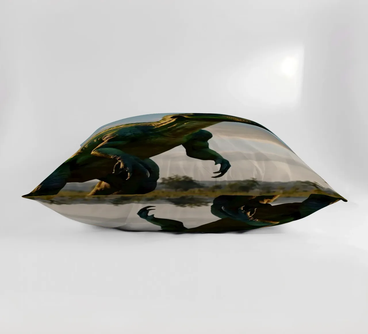 Un dinosauro realistico si erge in un paesaggio lussureggiante cuscino da DesignDoodle