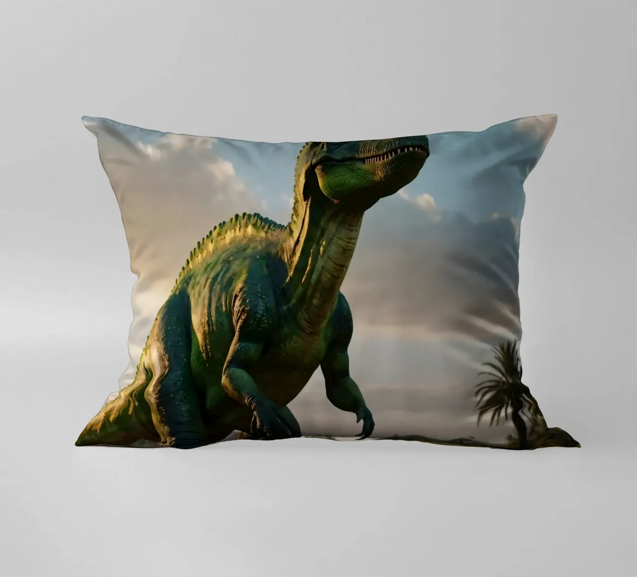 Un dinosauro realistico si erge in un paesaggio lussureggiante cuscino da DesignDoodle