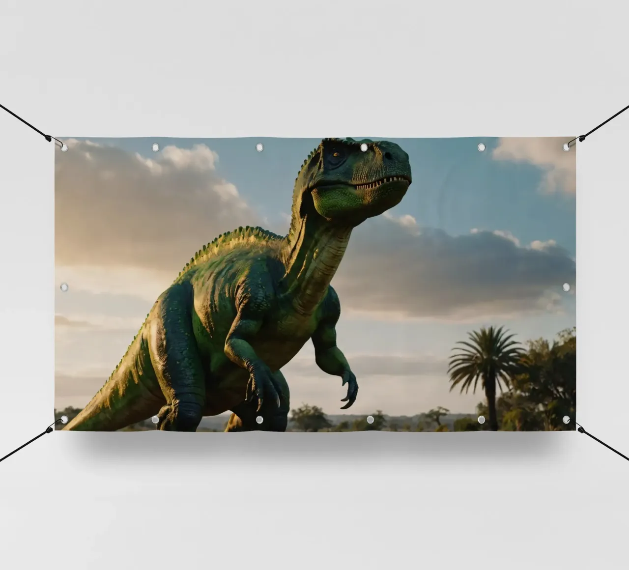 Un dinosauro realistico si erge in un paesaggio lussureggiante telo in pvc da DesignDoodle