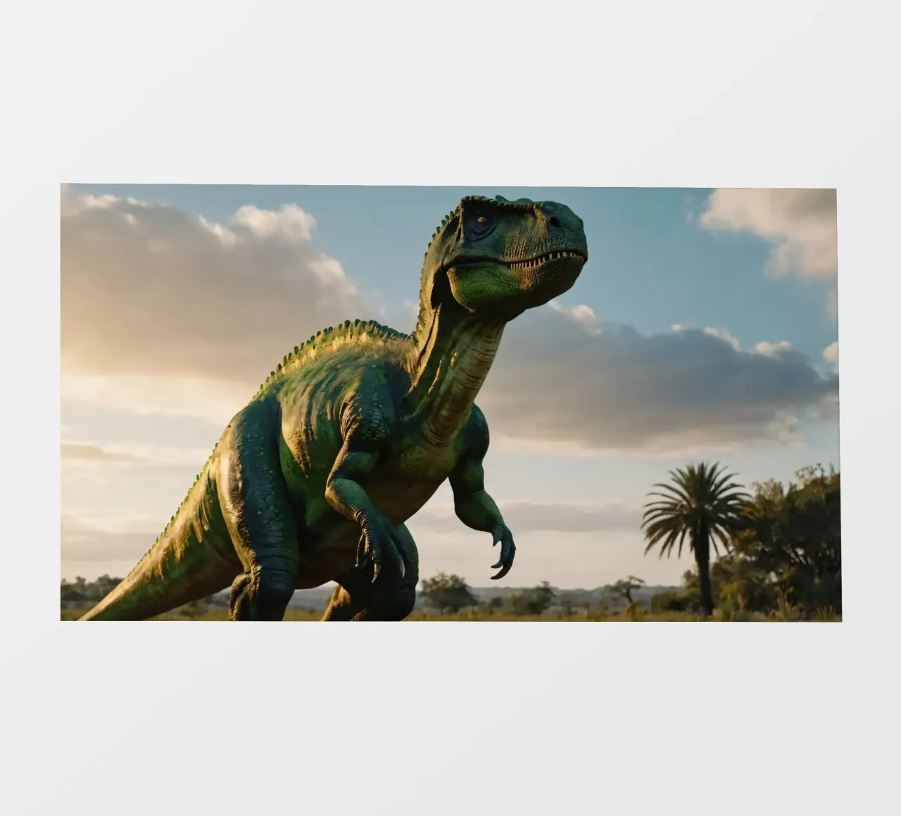 Un dinosauro realistico si erge in un paesaggio lussureggiante telo in pvc da DesignDoodle