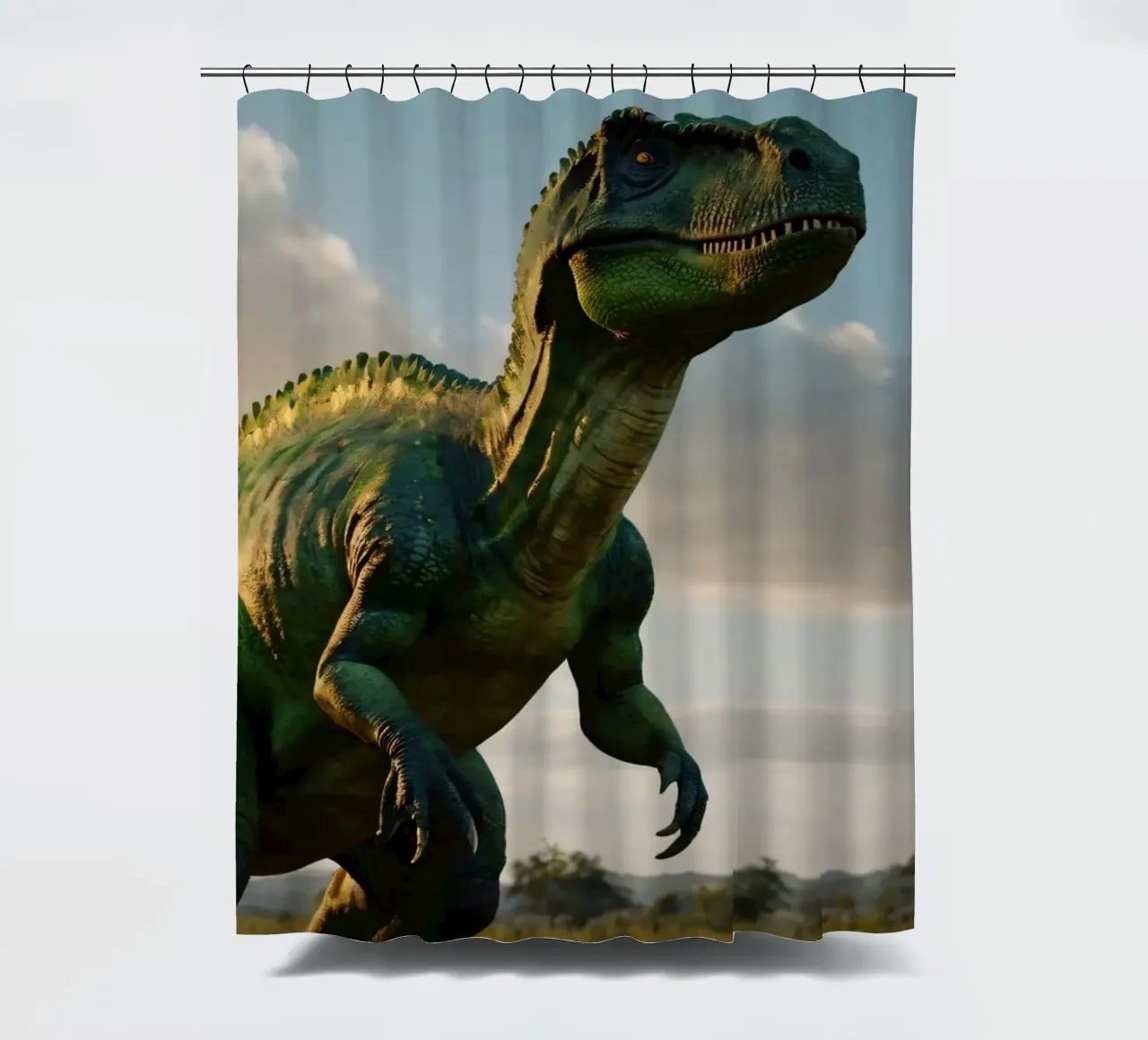 Un dinosauro realistico si erge in un paesaggio lussureggiante tenda da doccia da DesignDoodle