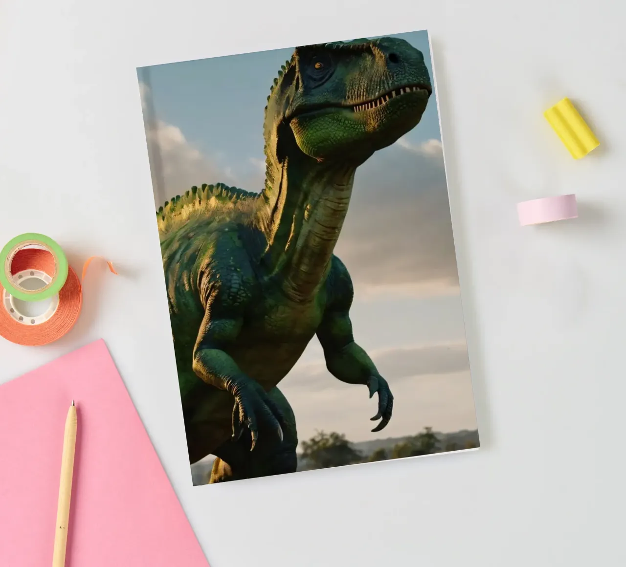 A realistic dinosaur stands in a lush landscape notebook by DesignDoodle