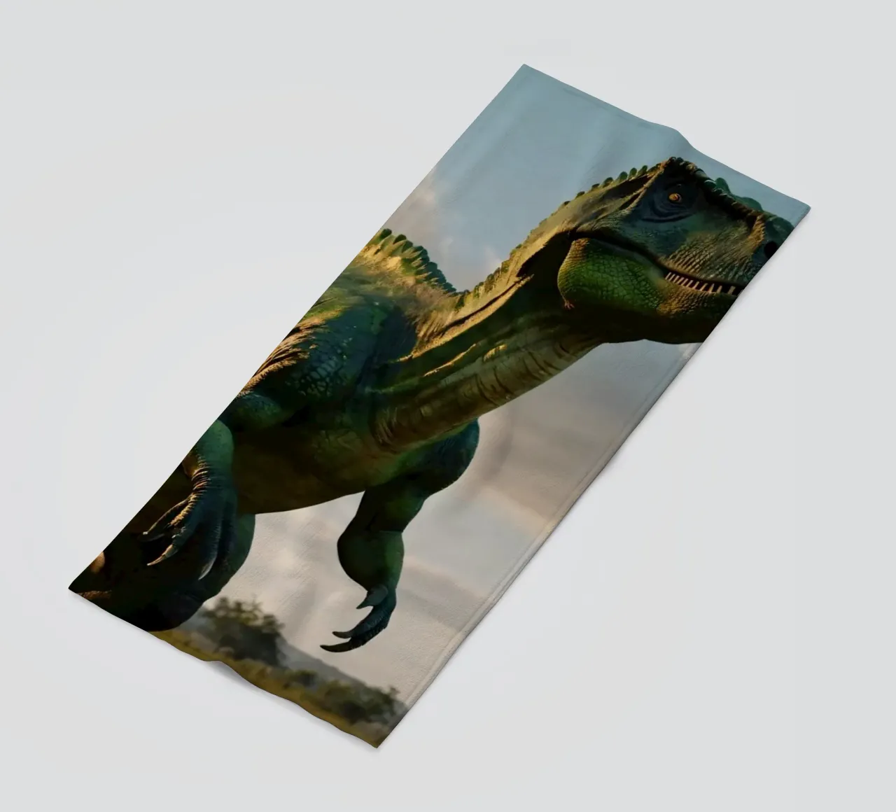 Un dinosauro realistico si erge in un paesaggio lussureggiante telo mare da DesignDoodle
