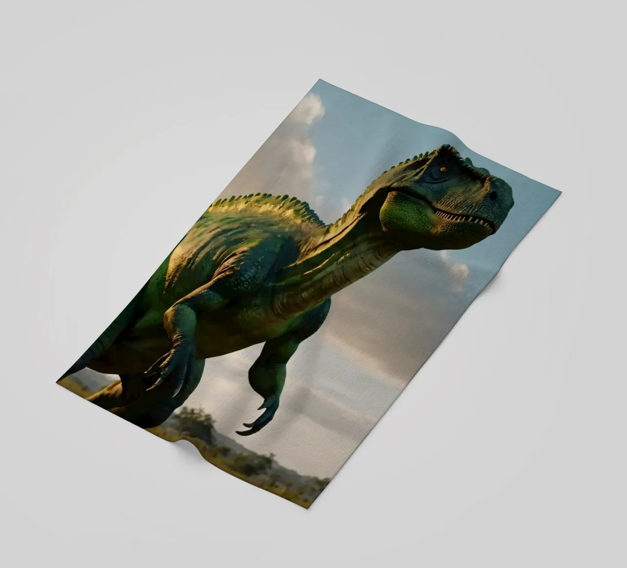 Un dinosauro realistico si erge in un paesaggio lussureggiante telo mare da DesignDoodle