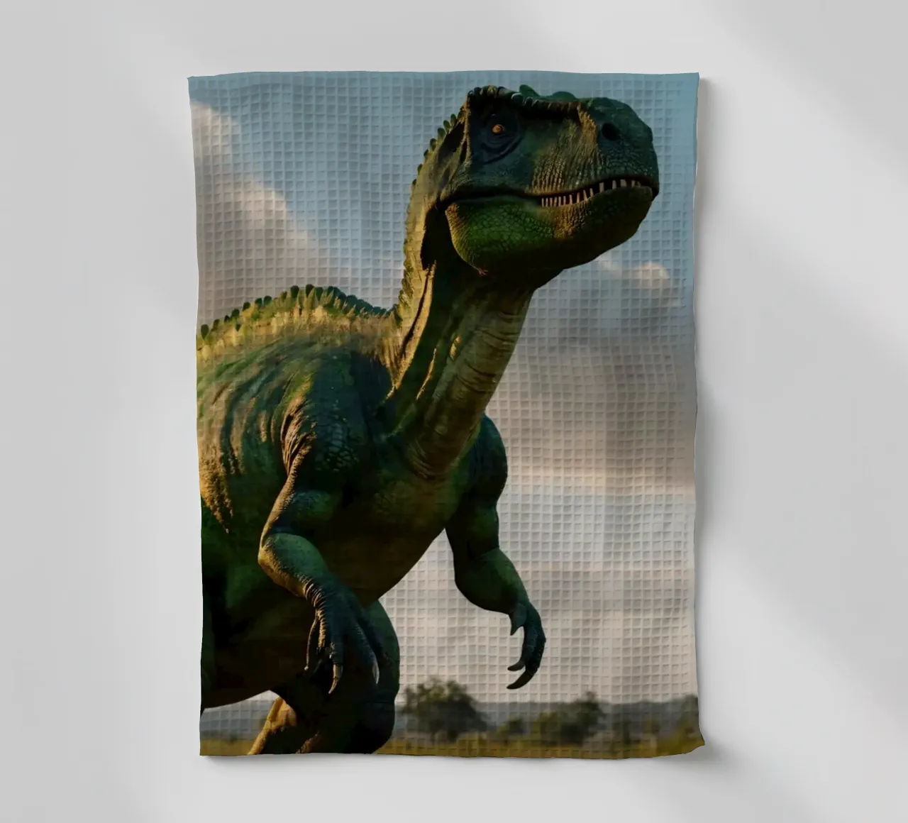 Un dinosauro realistico si erge in un paesaggio lussureggiante canovaccio da cucina da DesignDoodle