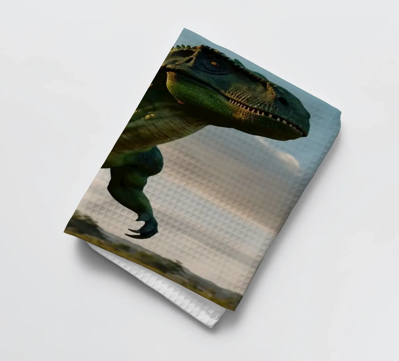 Un dinosauro realistico si erge in un paesaggio lussureggiante canovaccio da cucina da DesignDoodle