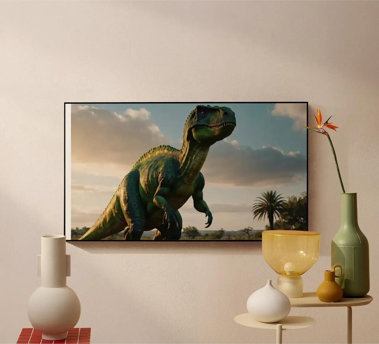 Un dinosauro realistico si erge in un paesaggio lussureggiante plexiglass da DesignDoodle