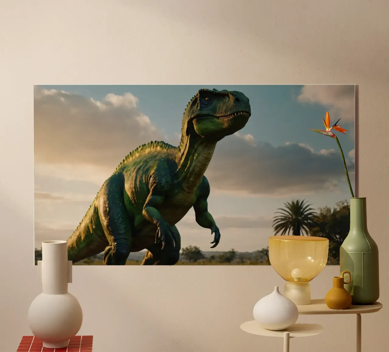 Un dinosauro realistico si erge in un paesaggio lussureggiante plexiglass da DesignDoodle