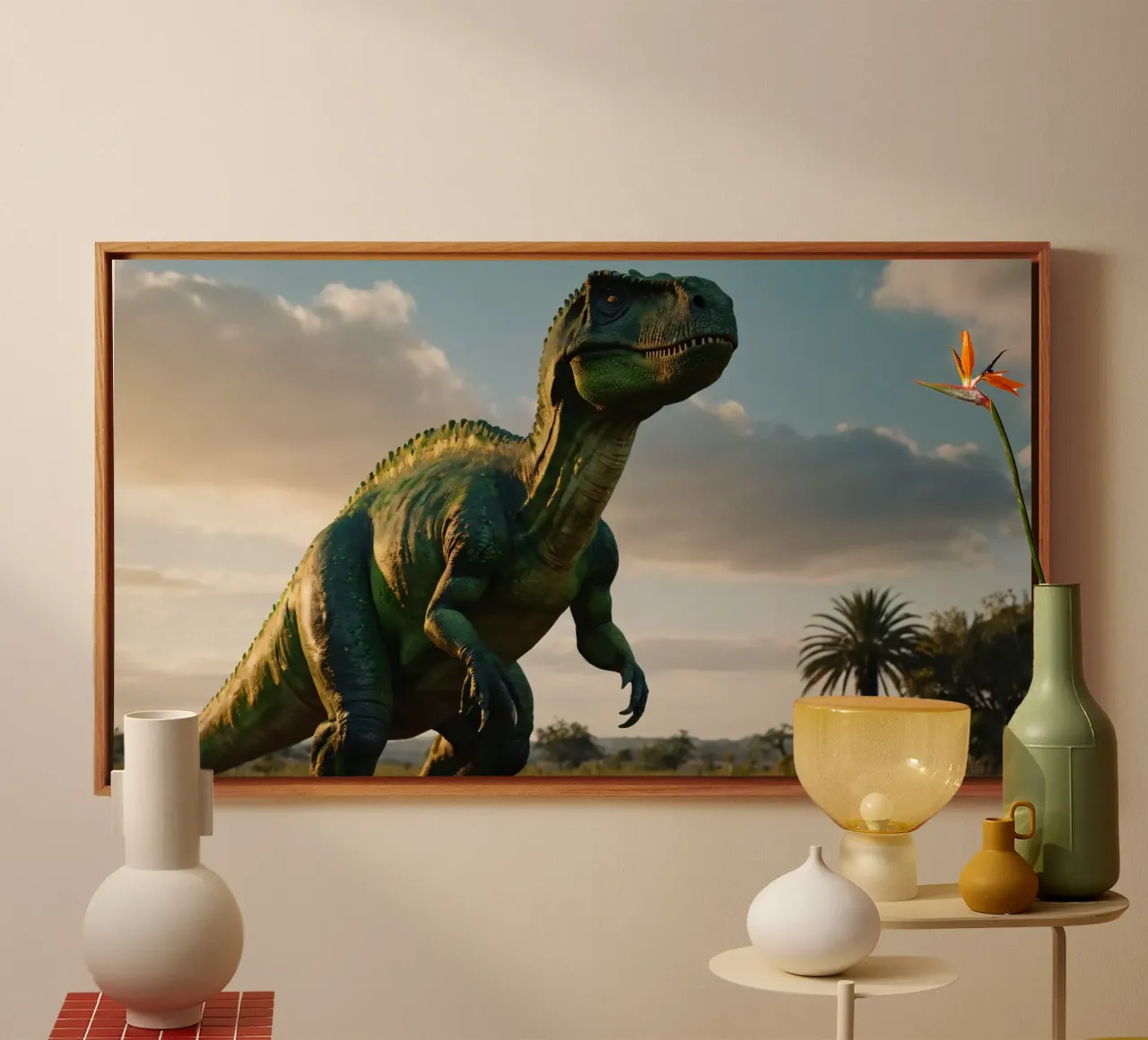 Un dinosauro realistico si erge in un paesaggio lussureggiante tela con Cornice a cassetta da DesignDoodle