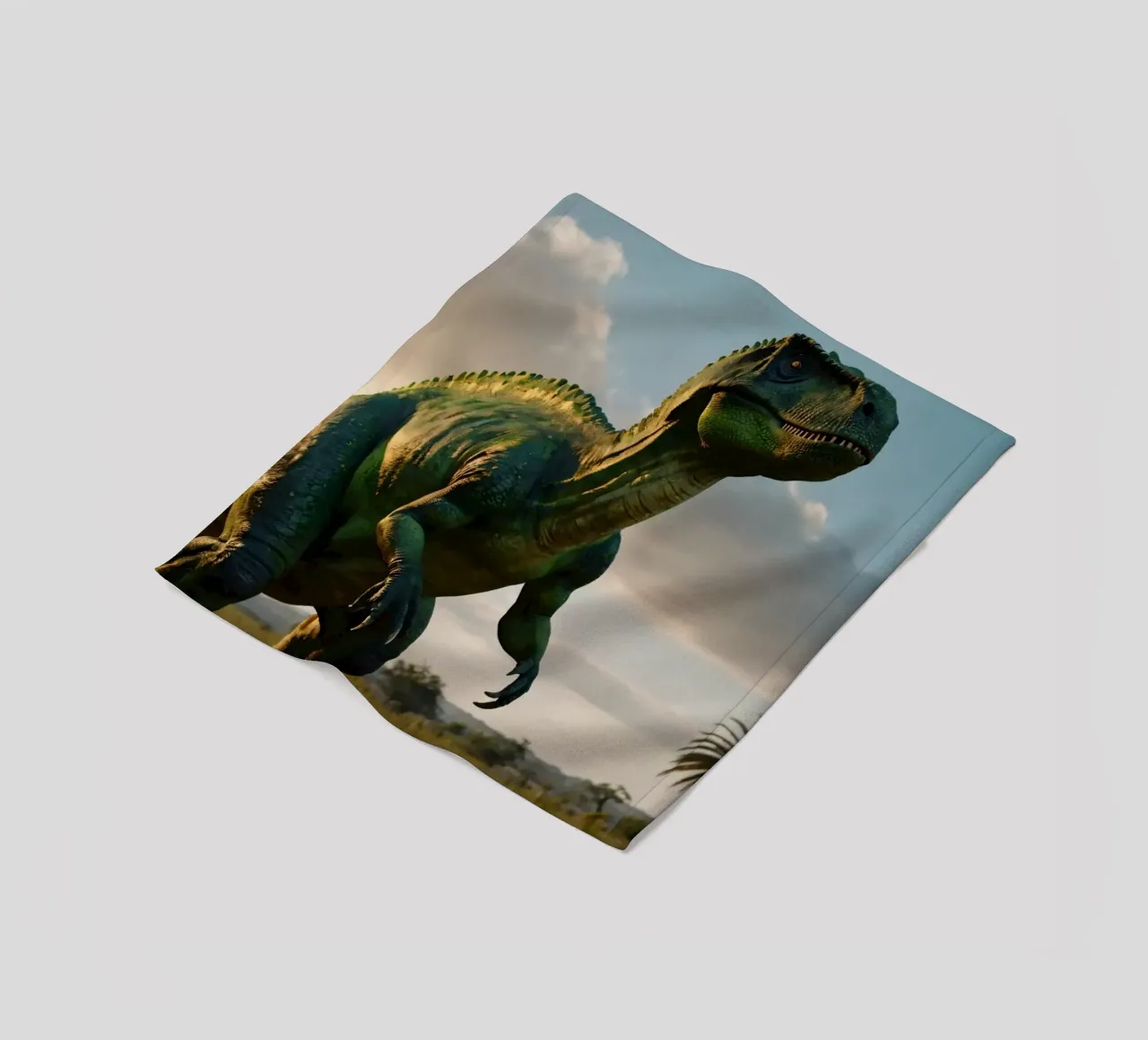 A realistic dinosaur stands in a lush landscape fleece blanket by DesignDoodle