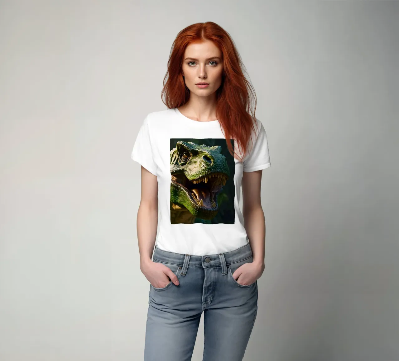 fierce dinosaur in a lush, prehistoric jungle during daytim t-shirt by DesignDoodle