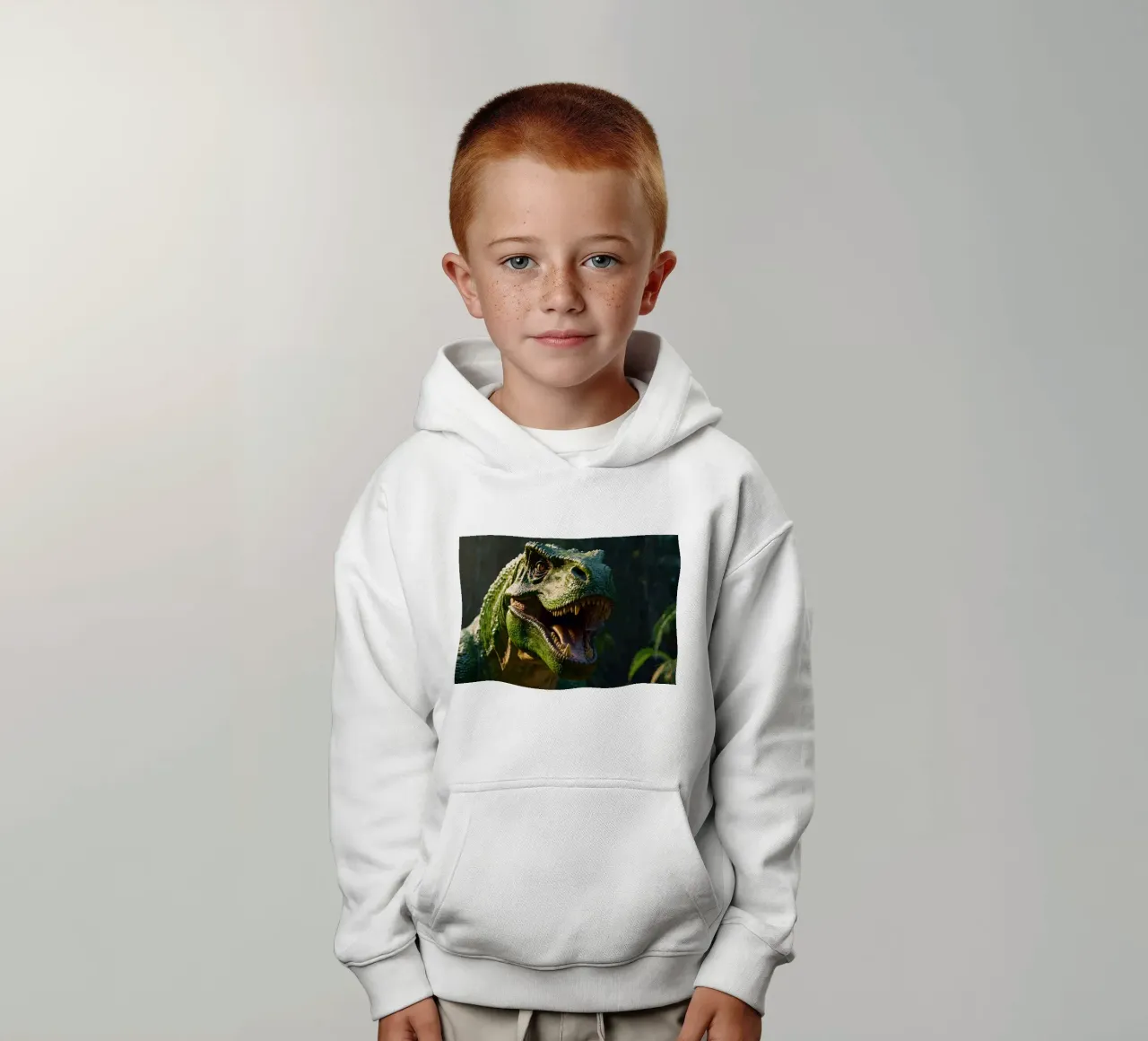 fierce dinosaur in a lush, prehistoric jungle during daytim kids hoodie by DesignDoodle