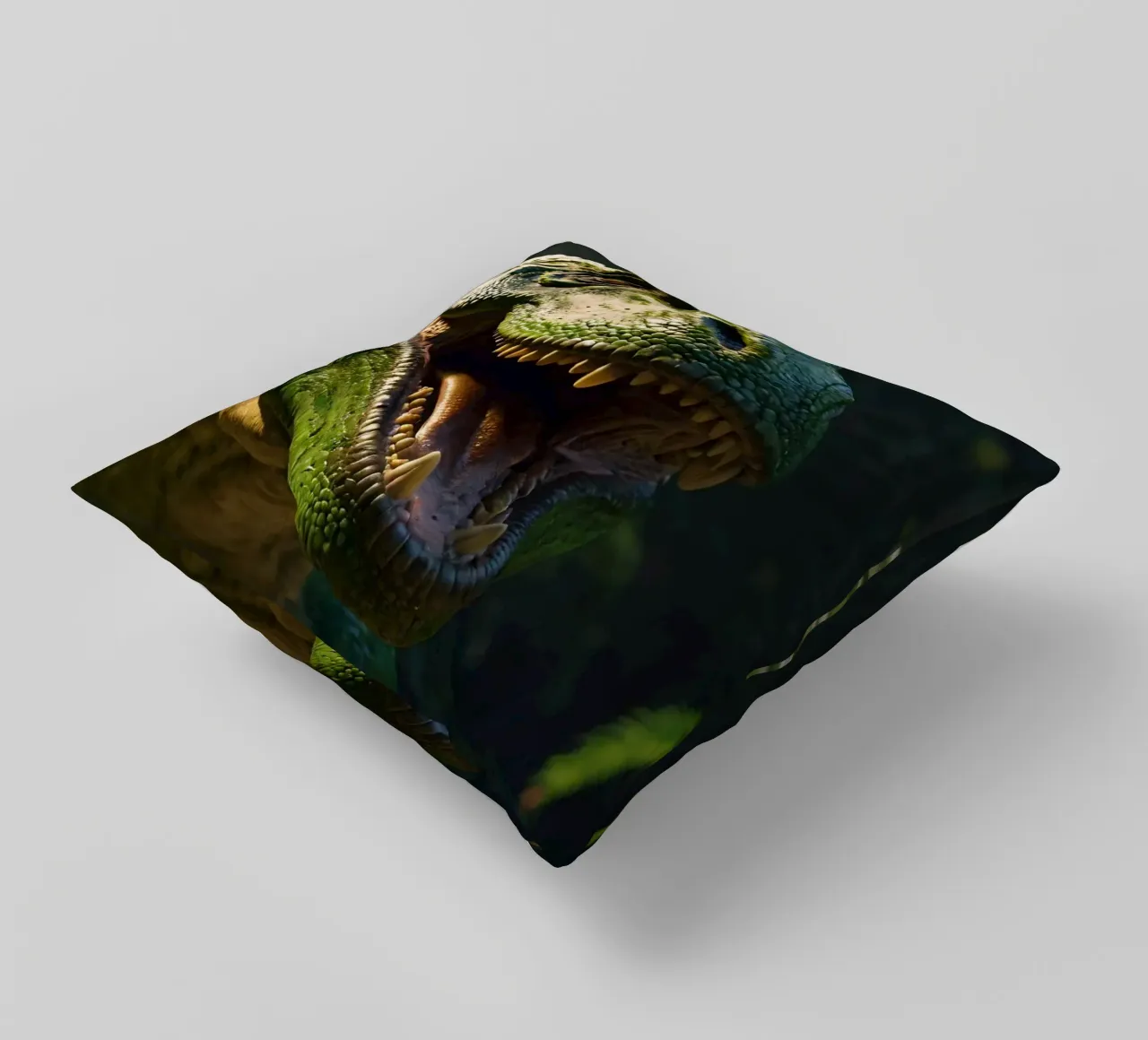fierce dinosaur in a lush, prehistoric jungle during daytim decorative cushion by DesignDoodle