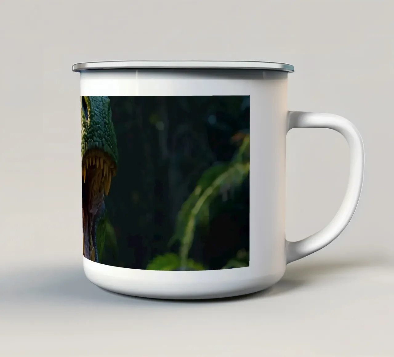 fierce dinosaur in a lush, prehistoric jungle during daytim enamel mug by DesignDoodle