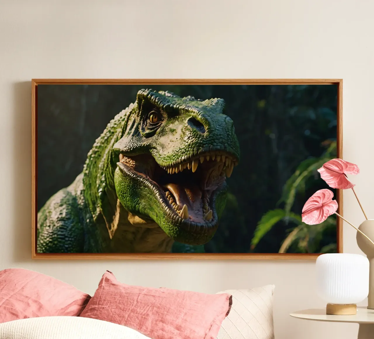fierce dinosaur in a lush, prehistoric jungle during daytim canvas with Floater frame by DesignDoodle