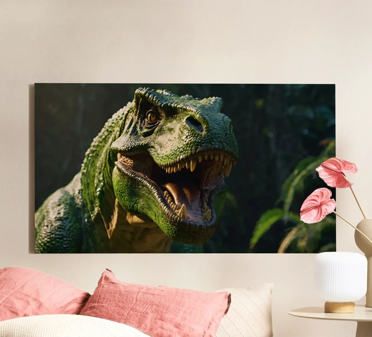 fierce dinosaur in a lush, prehistoric jungle during daytim canvas with Floater frame by DesignDoodle