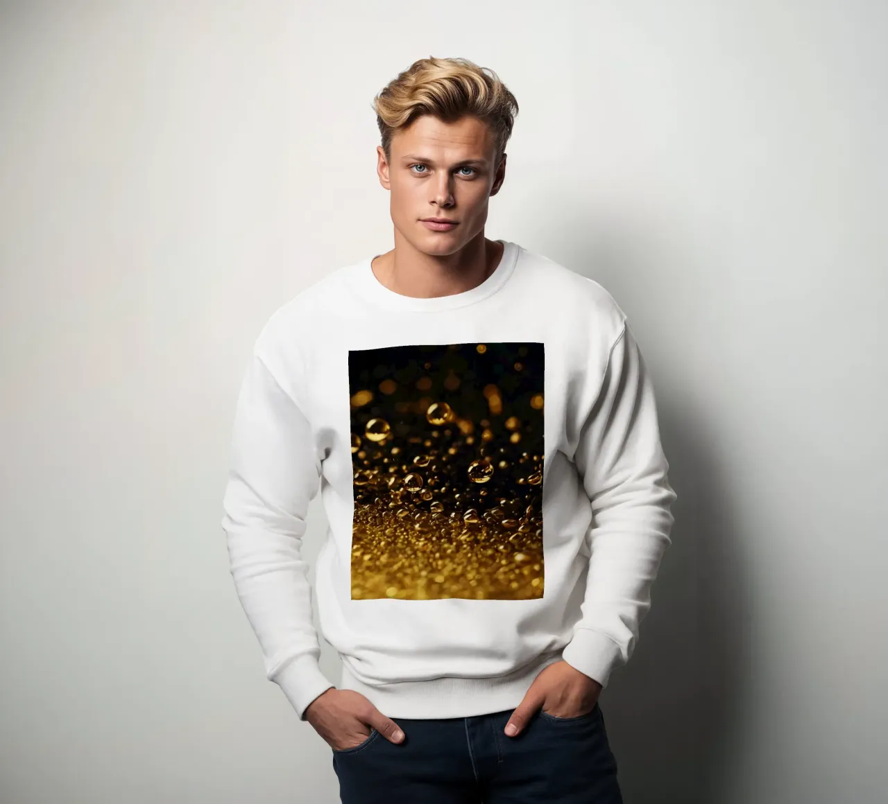 Gocce d'oro brillano su una superficie scura con un bokeh ipnotico felpa da DesignDoodle