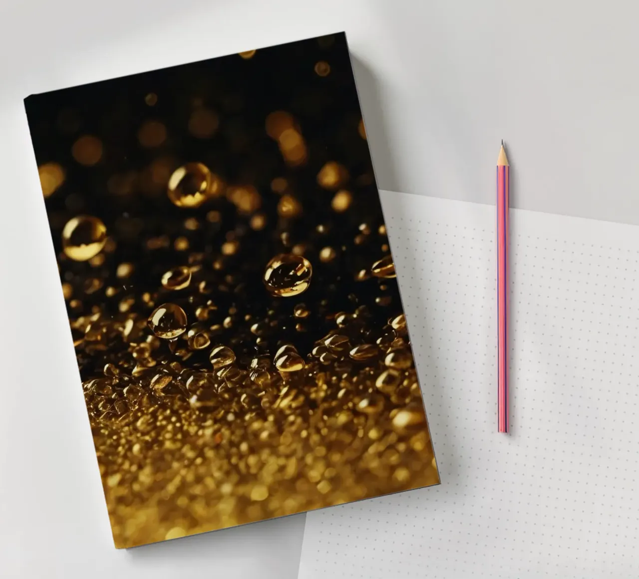 Gold droplets shimmer on a dark surface mesmerizing bokeh notebook by DesignDoodle