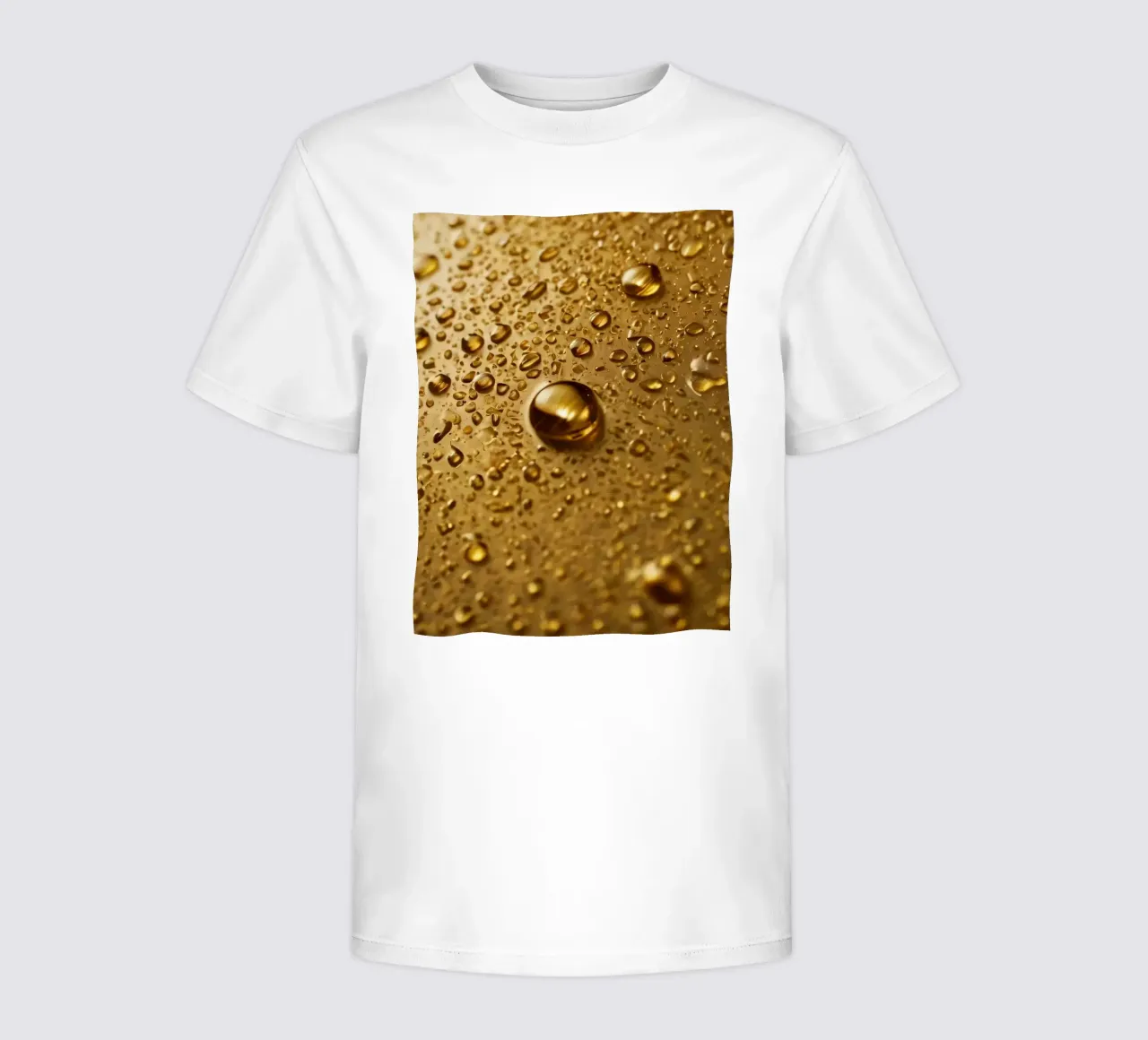 Close-up of water droplets on a gold surface kids t-shirt by DesignDoodle