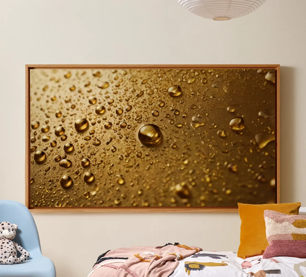 Close-up of water droplets on a gold surface canvas by DesignDoodle