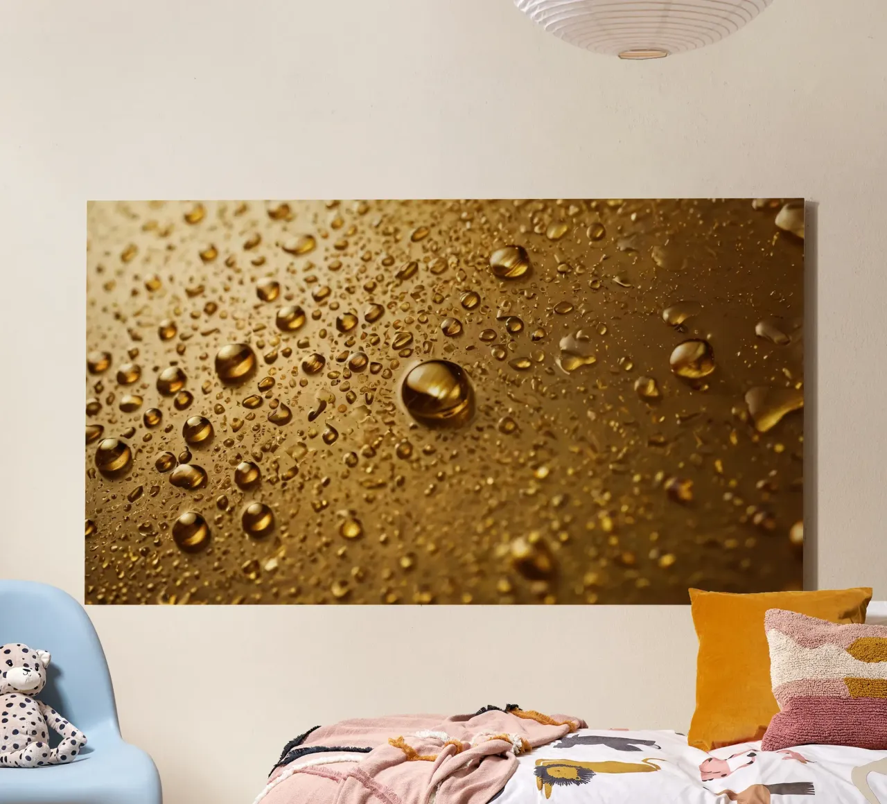 Close-up of water droplets on a gold surface canvas by DesignDoodle
