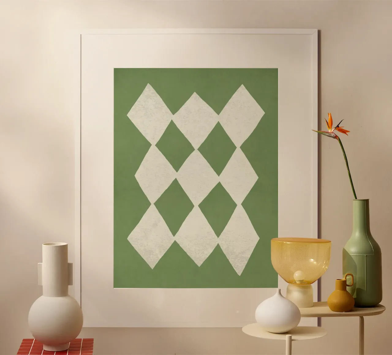 Motif abstrait en forme de diamant - Vert poster avec cadre en plastique de MoonlightPrint
