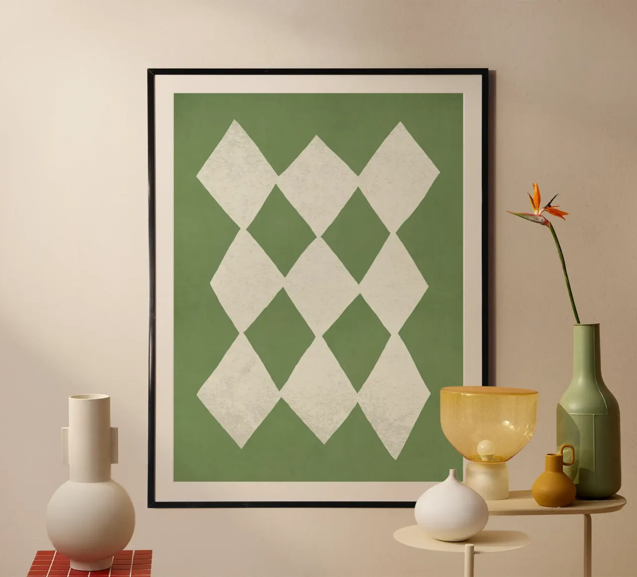 Motif abstrait en forme de diamant - Vert poster avec cadre en plastique de MoonlightPrint