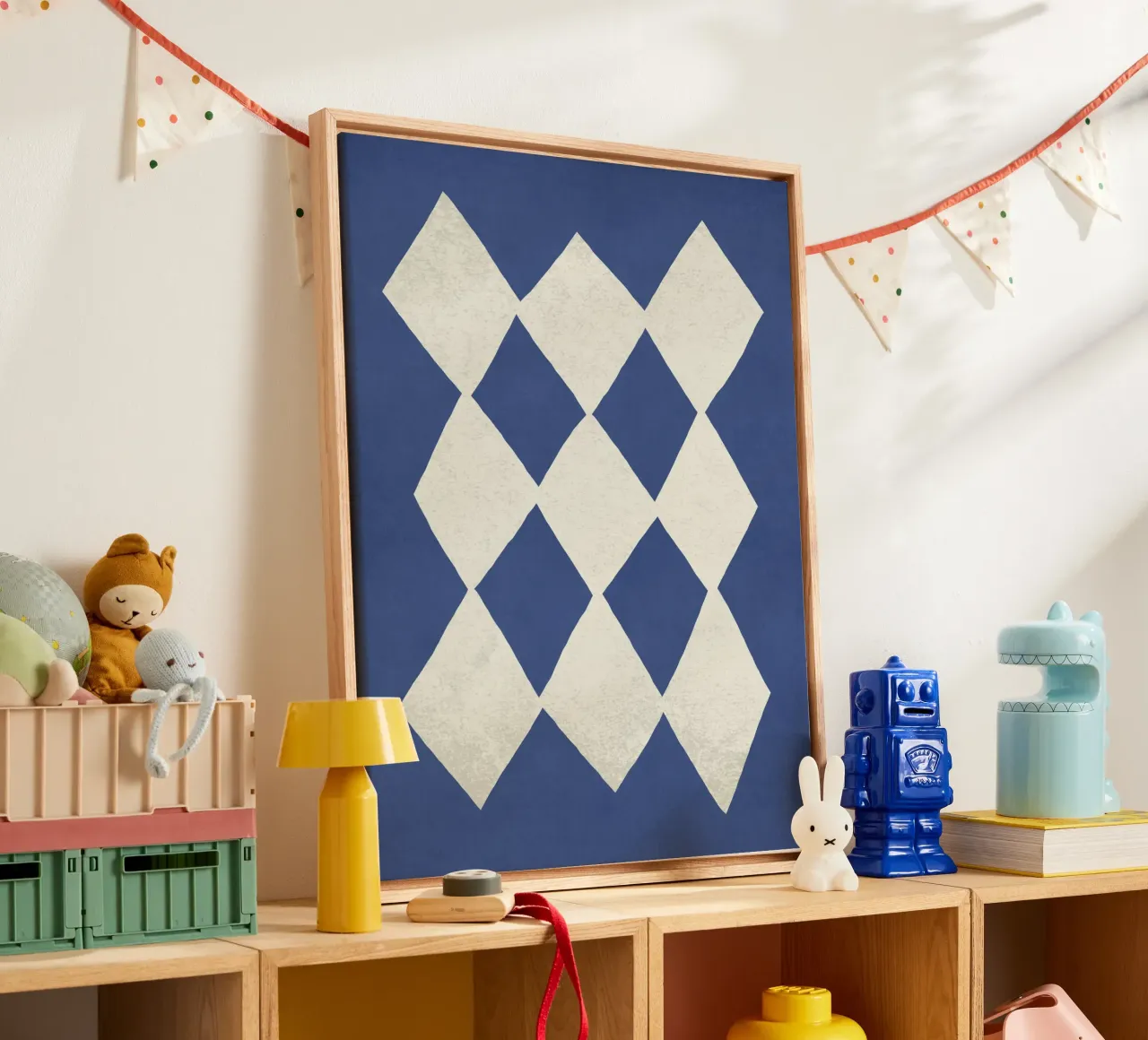 Ruitpatroon Abstract - Donkerblauw canvas met Baklijst van MoonlightPrint