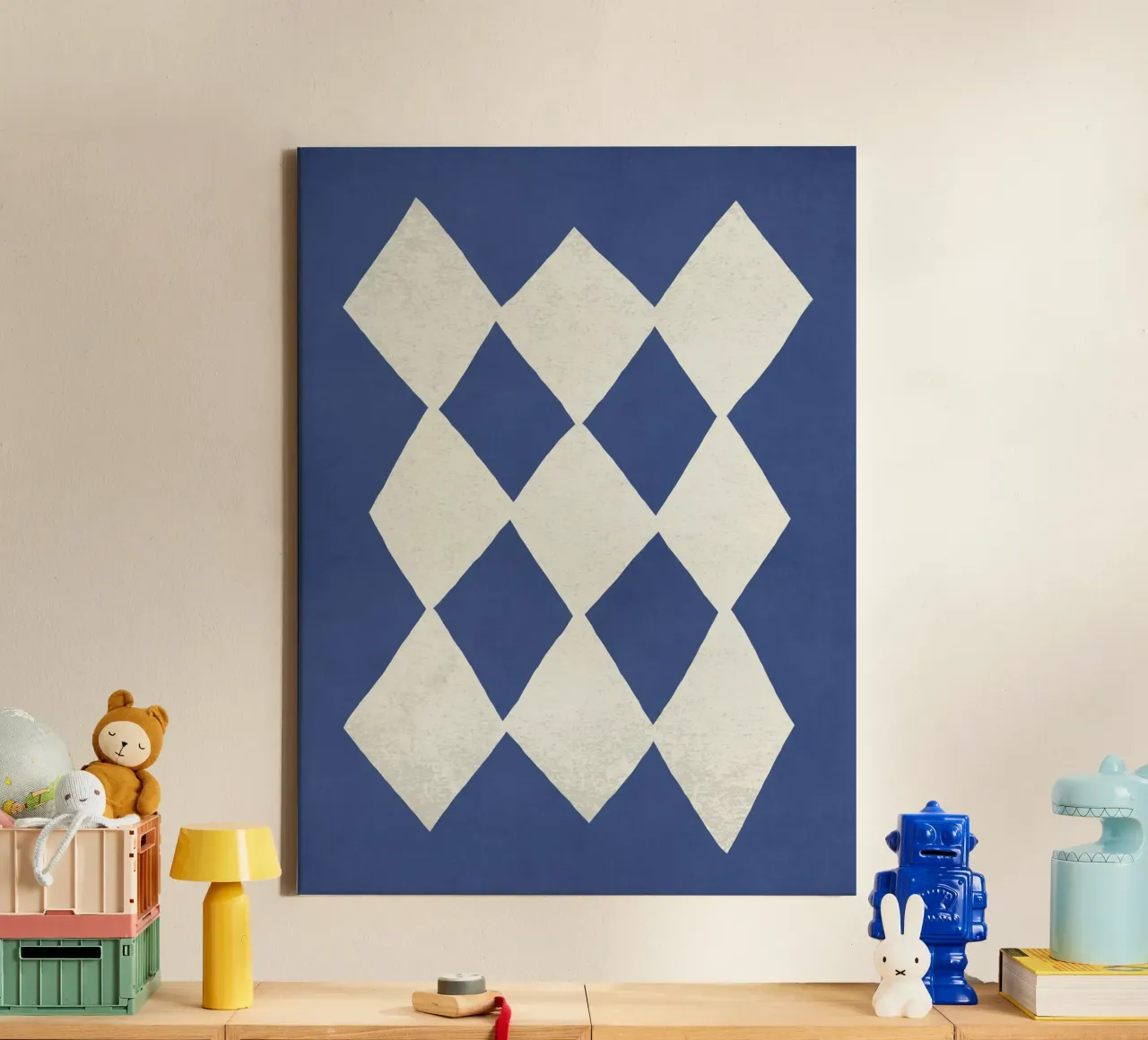 Ruitpatroon Abstract - Donkerblauw canvas met Baklijst van MoonlightPrint