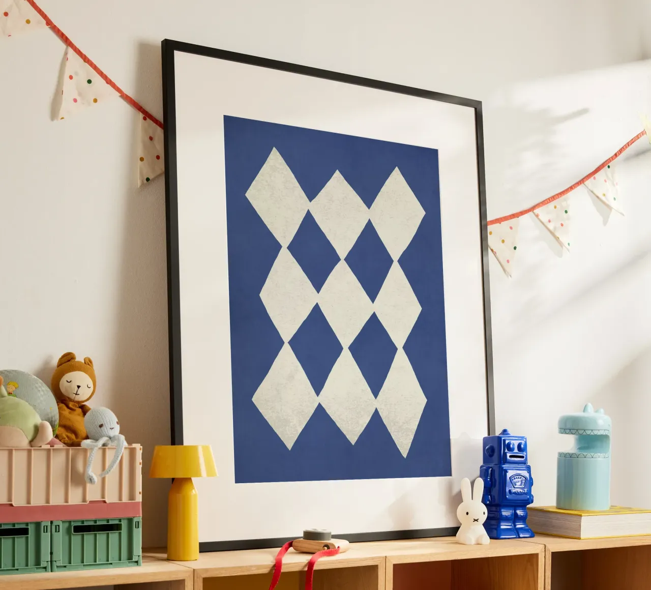 Abstrait à motif de diamant - Bleu foncé poster avec cadre en aluminium de MoonlightPrint