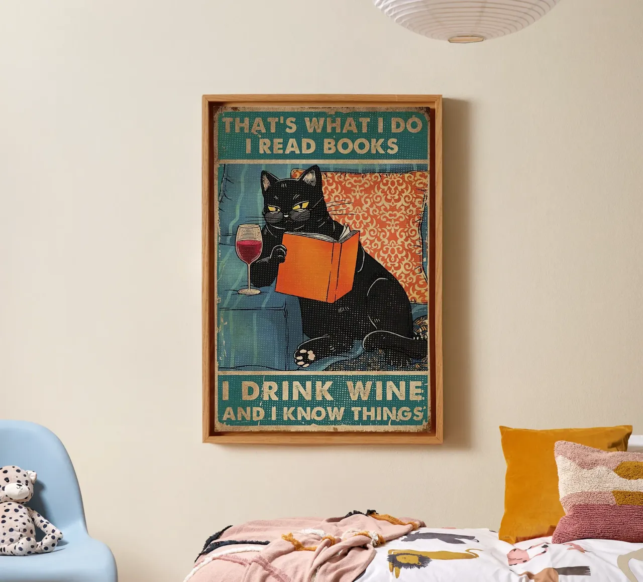 Ecco cosa faccio Leggere libri Bere vino Sapere cose Gatto nero tela con Cornice a cassetta da Aaronshop