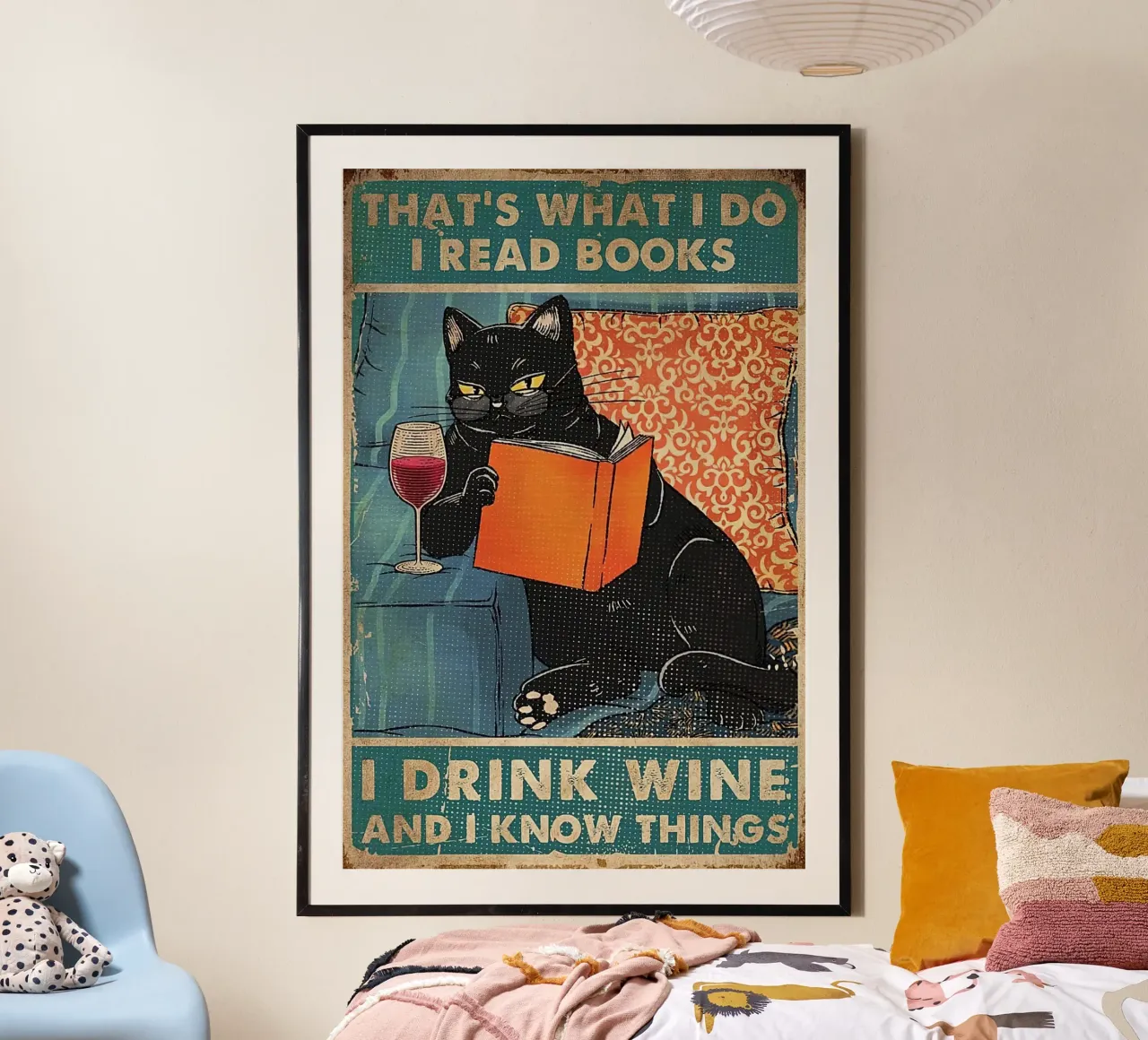 Das ist es, was ich tue Bücher lesen Wein trinken Dinge wissen Black Cat Poster mit Kunststoffrahmen von Aaronshop