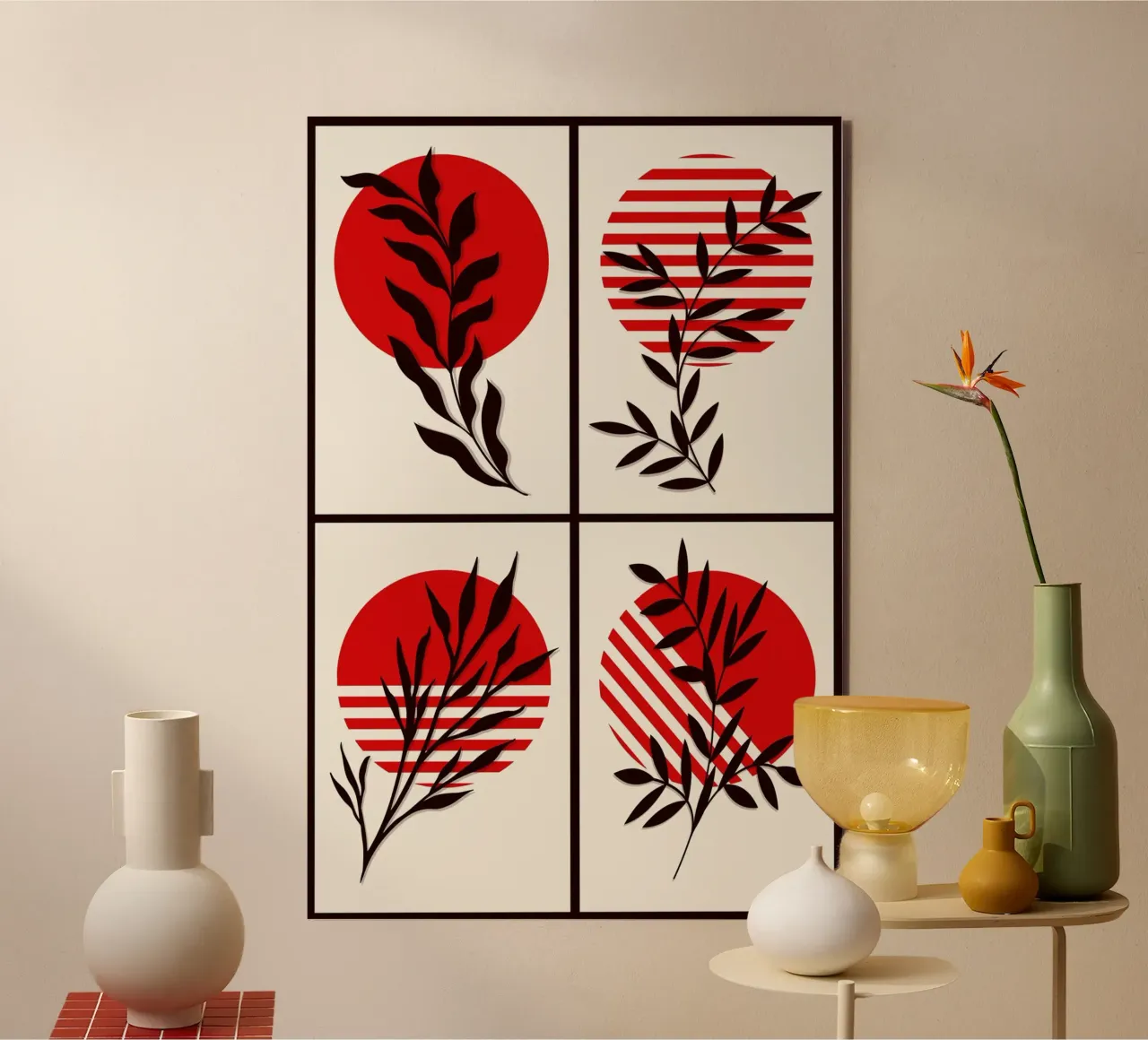 Japandi Botanical Quartet | Abstract Red Sun Series alluminio dibond da Une Affaire de Filles