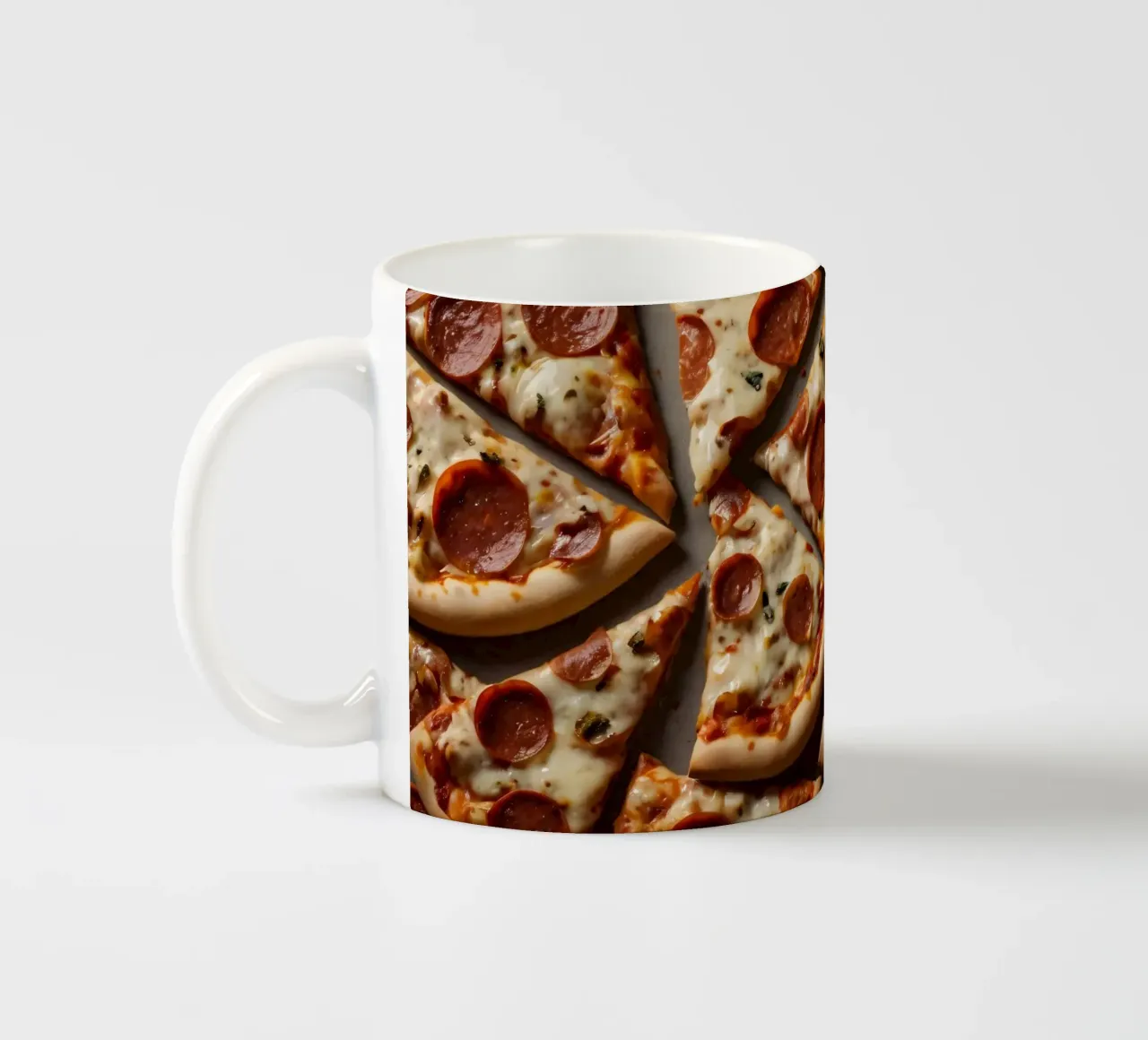 Un delizioso spalmare di fette di pizza al salame piccante tazza in ceramica da DesignDoodle