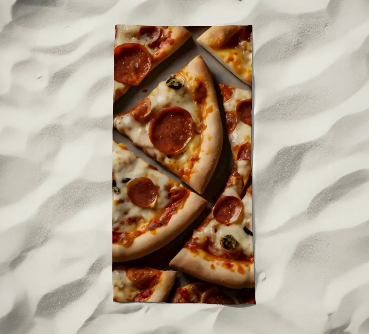 Un delizioso spalmare di fette di pizza al salame piccante telo mare da DesignDoodle
