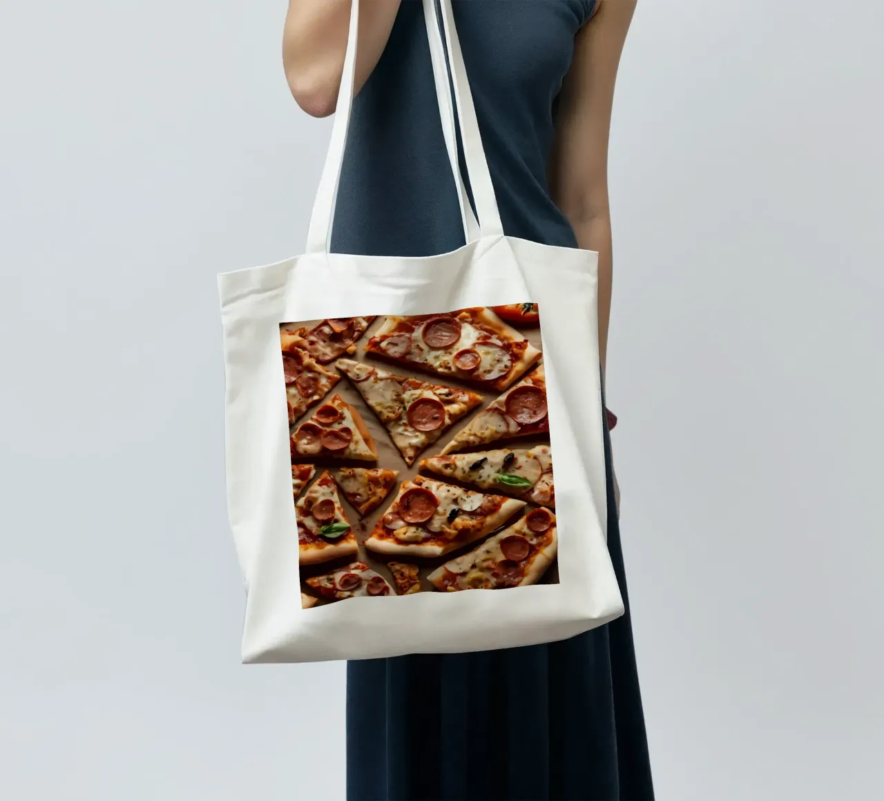 una deliziosa varietà di tranci di pizza assortiti, conditi con borsa in juta da DesignDoodle