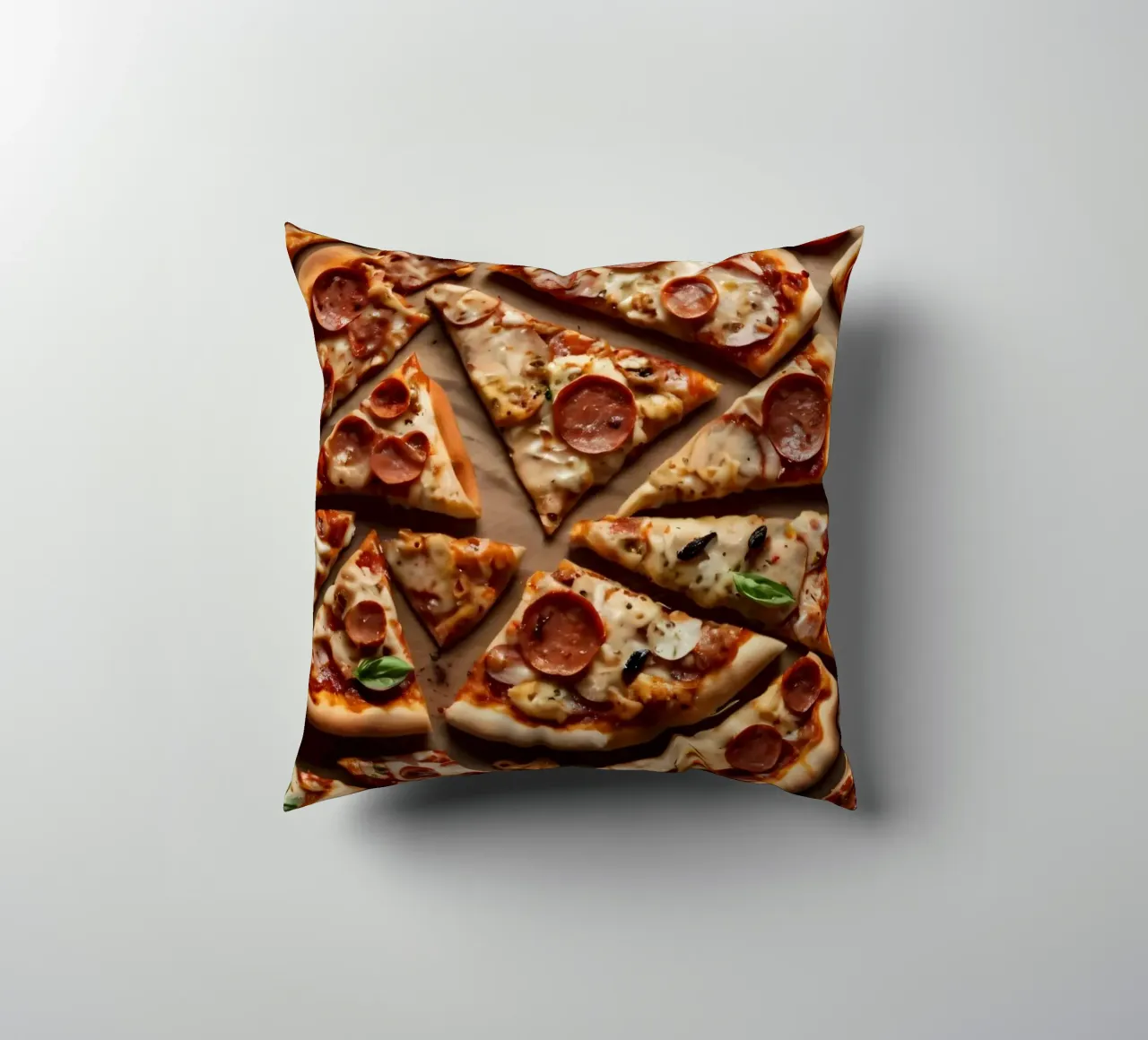 una deliziosa varietà di tranci di pizza assortiti, conditi con cuscino da DesignDoodle