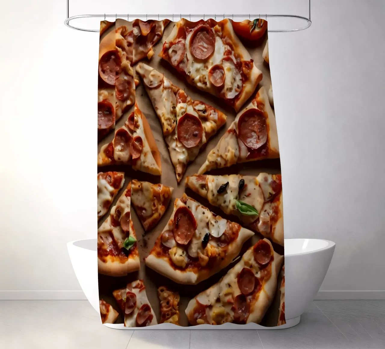 una deliziosa varietà di tranci di pizza assortiti, conditi con tenda da doccia da DesignDoodle