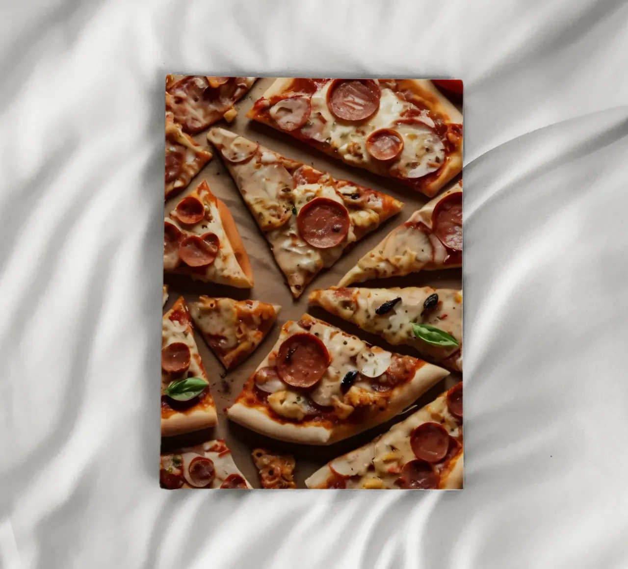 delicious spread of assorted pizza slices topped notebook by DesignDoodle
