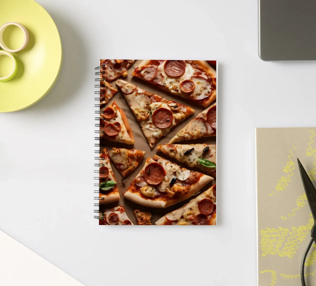 delicious spread of assorted pizza slices topped spiral notebook by DesignDoodle