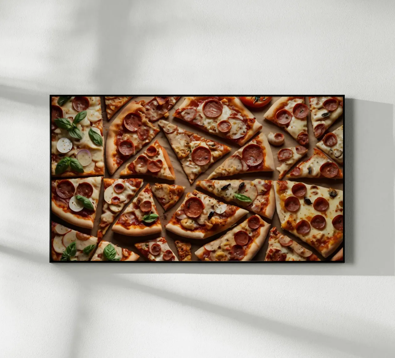 una deliziosa varietà di tranci di pizza assortiti, conditi con plexiglass da DesignDoodle