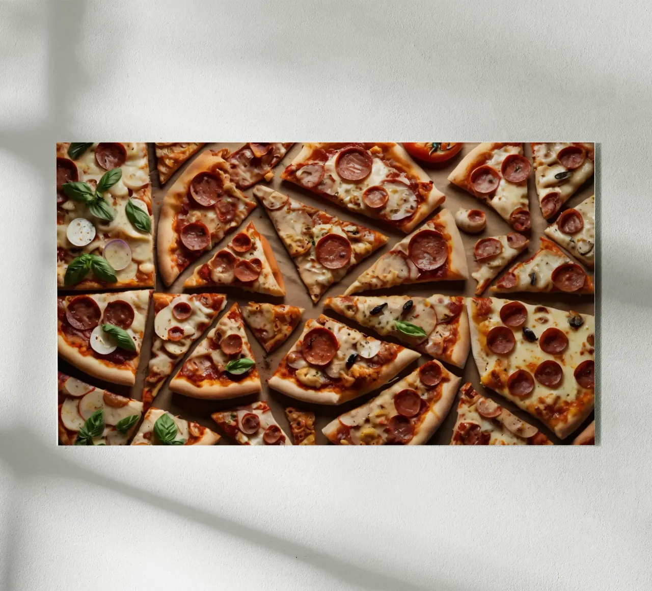una deliziosa varietà di tranci di pizza assortiti, conditi con plexiglass da DesignDoodle