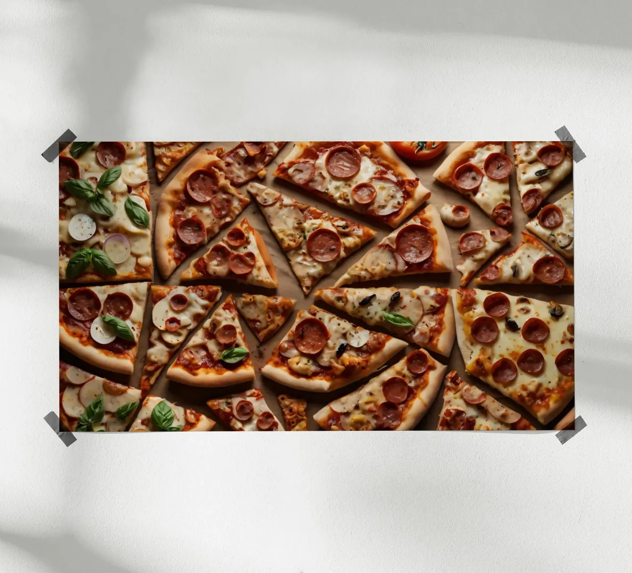 una deliziosa varietà di tranci di pizza assortiti, conditi con carta hahnemühle da DesignDoodle