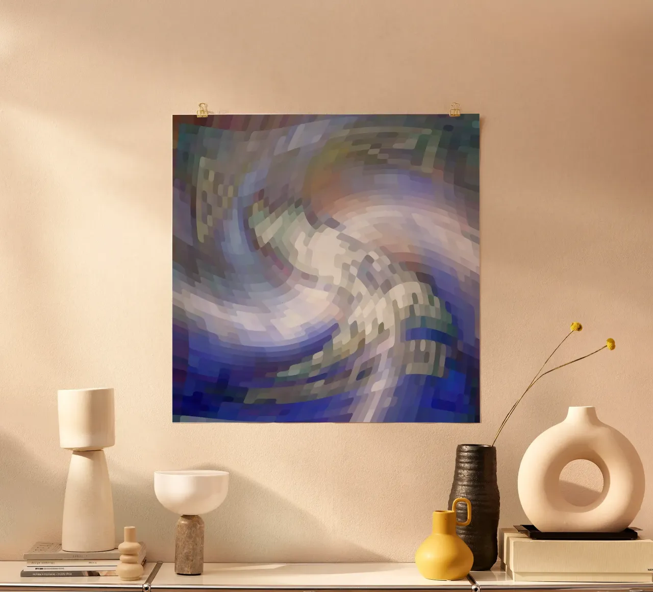 Illusione di un vortice bluastro e bianco-violaceo in stile mosaico poster da Gürsel Yesil Digital Art